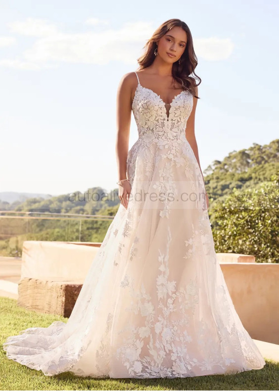 Floral Lace Glitter Tulle Open Back Romantic Wedding Dress